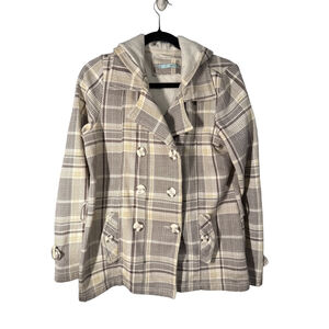 Maurices Beige Brown Plaid Hooded Pea Coat Fleece Lined Size L Pre-Owned